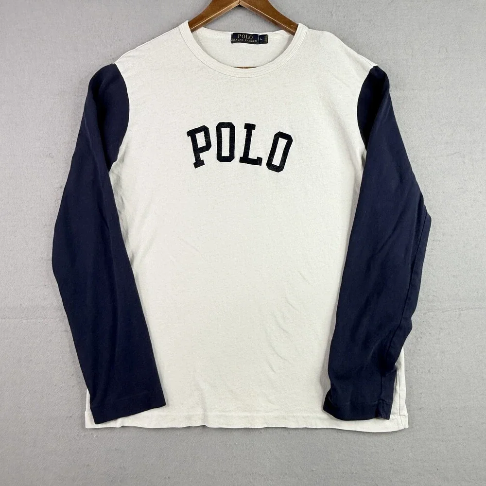 Polo Ralph Lauren Mens Long Sleeve Shirt Large White Navy Blue Graphic Logo